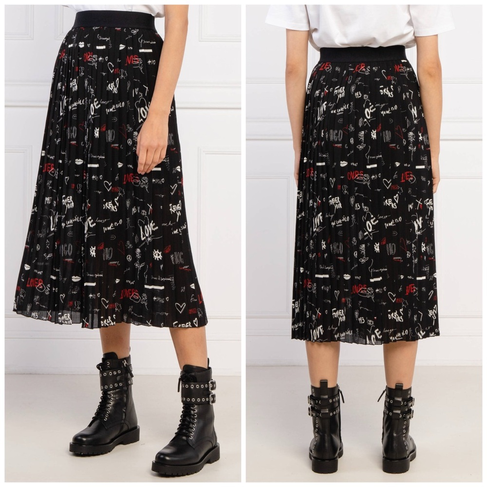 HUGO Black and Red Graphic Midi Skirt